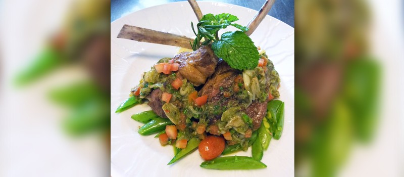 Marinated double lamb chops with anchovy-roasted garlic butter and vegetables by Chef Pichet Kitkha at El Gaucho, Karon Beach Square, Phuket.