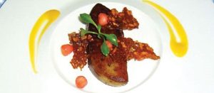 Pan-Seared Goose Foie Gras by Chef Kritsakorn Pakdeevirote at The 9th Floor, Patong — served with mango emulsion, caramelised apples, and sweet almonds.