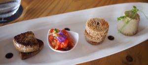 Goose Liver and Chicken Parfait with Papaya Chutney by Chef Ronnie S. Macuja at Higher Restaurant, Patong — served with rye crostini and chili-balsamic reduction.