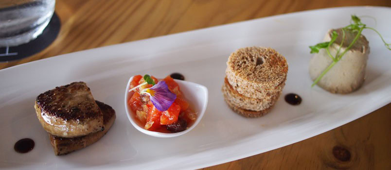 Goose Liver and Chicken Parfait with Papaya Chutney by Chef Ronnie S. Macuja at Higher Restaurant, Patong — served with rye crostini and chili-balsamic reduction.