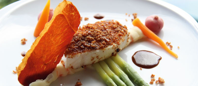 Snow Fish Fillet by Executive Chef Garfield Angove at Zeascape Restaurant, Kamala — prosciutto-crusted snow fish with asparagus, mashed potato, and port jus.