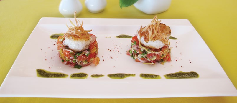 Pink Peppercorn Scallops by Chefs Sura Putha and Darren Wiper at Mom Tri’s Kitchen, Villa Royale — scallops with pink peppercorn, salsa verde, and citrus salad.