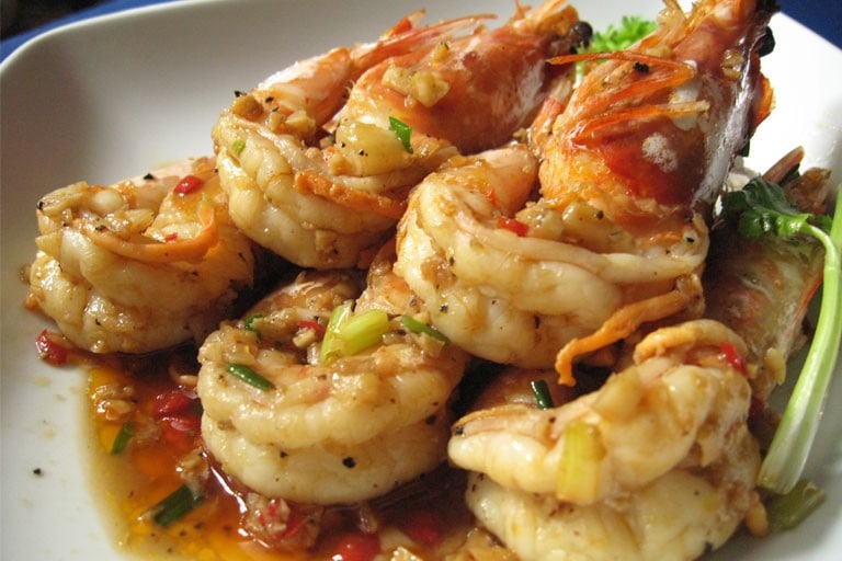 Fried prawns with garlic and pepper by Chef Sirijit Jaiyen at Natural Restaurant, Phuket City.