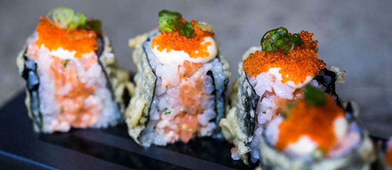 Salmon Maki Tempura by Sous Chef Thanuphet at The Slate, Nai Yang, Phuket — light golden tempura roll filled with salmon, tobiko, and spring onion.