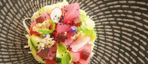 Yellow Fin Tuna Salad by Chef Nattawut Panphruk at Sea.Fire.Salt., Anantara Mai Khao — fresh tuna with wakame, sesame, and crispy fish skin.