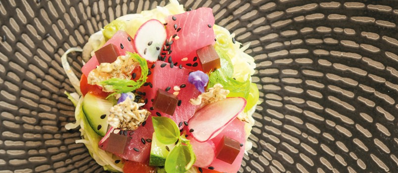Yellow Fin Tuna Salad by Chef Nattawut Panphruk at Sea.Fire.Salt., Anantara Mai Khao — fresh tuna with wakame, sesame, and crispy fish skin.