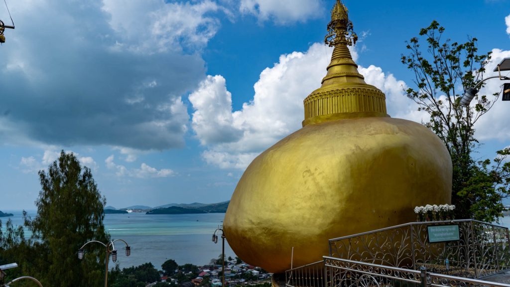 Golden Rock pagoda replica at Wat Ban Koh Sirey overlooking Sapam Bay