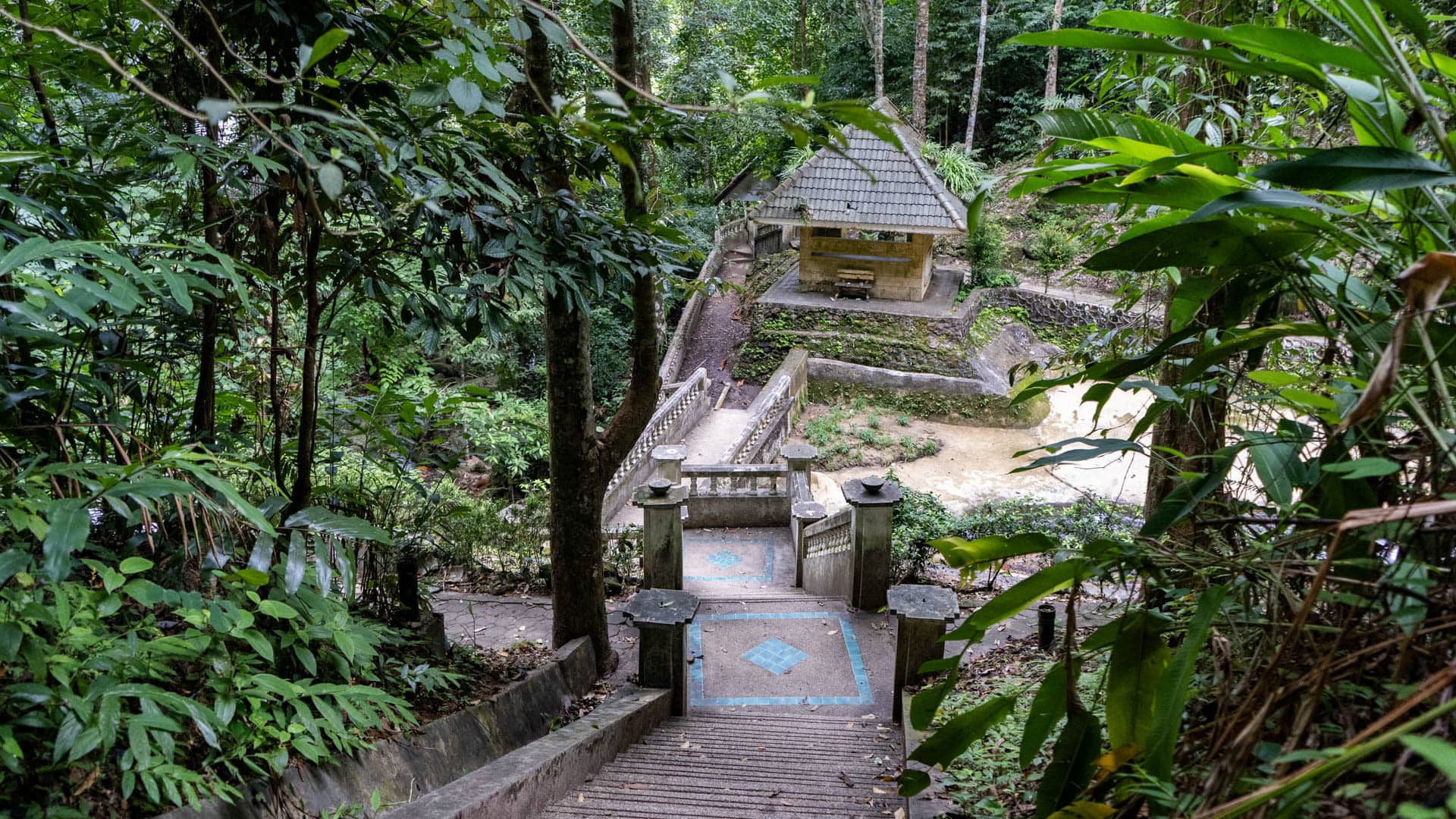 Wide concrete staircase with balustrade descending through rainforest to terraced lower area with pavilion and dry sandy ground