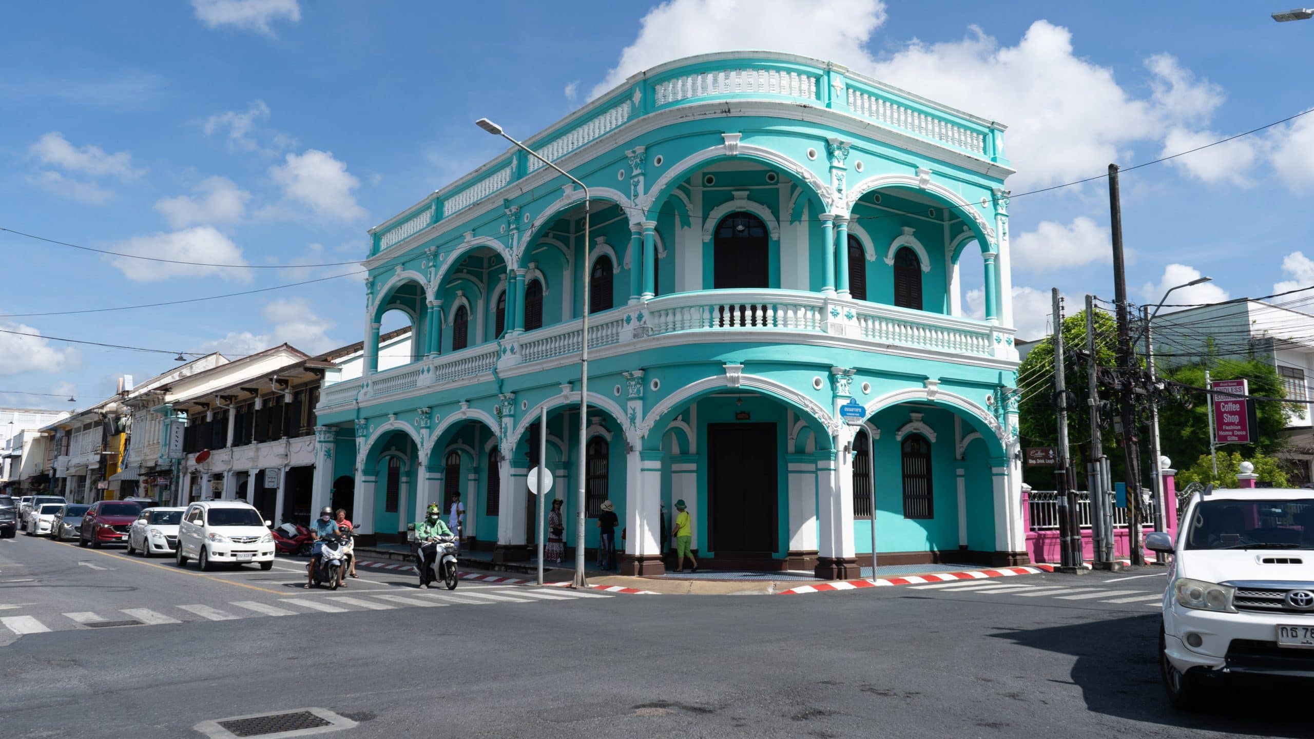 Turquoise historic corner building in Phuket Old Town