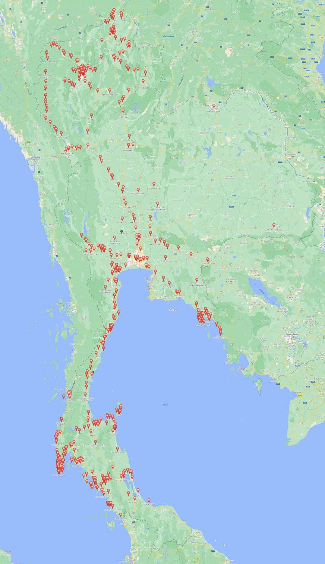 Map showing places across Thailand visited and photographed by Mads D