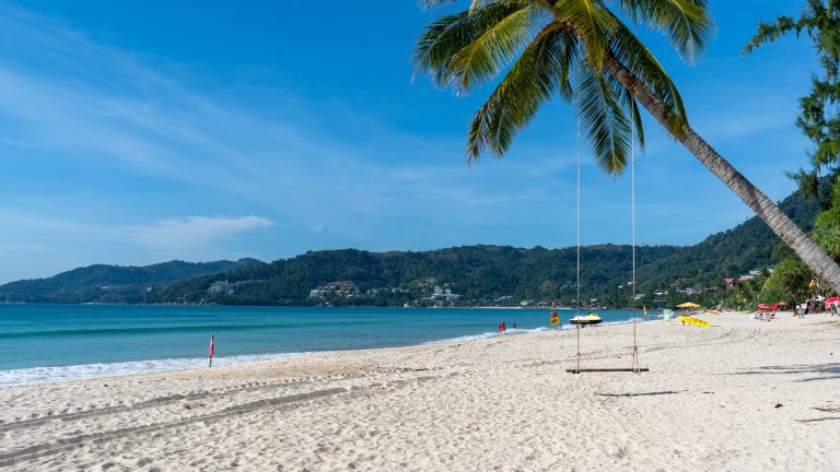 Patong Beach Phuket palm-tree swing facing the sea.