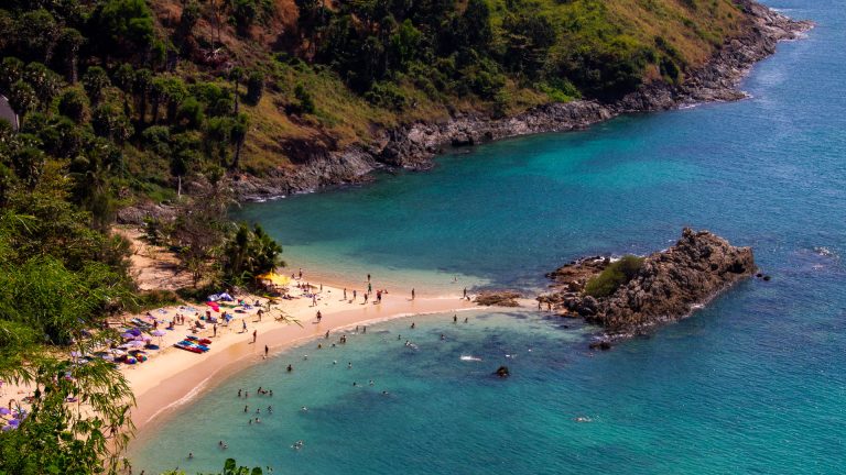 Aerial view of the twin cove and central rock at Yanui Beach Phuket.
