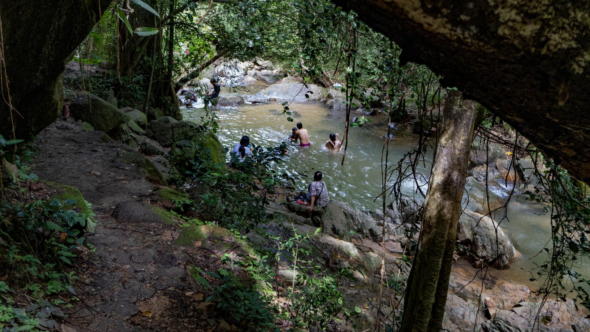Visitors sit and wade in a natural pool below Bang Pae Waterfall, seen from a narrow path under overhanging branches and large tree trunks.