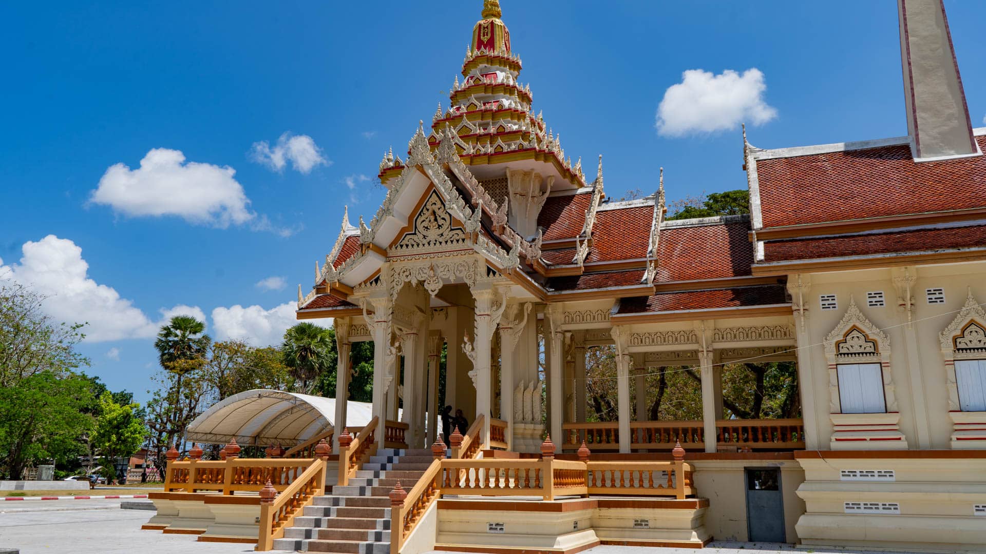 Cremation hall building inside Wat Chalong temple complex in southern Phuket