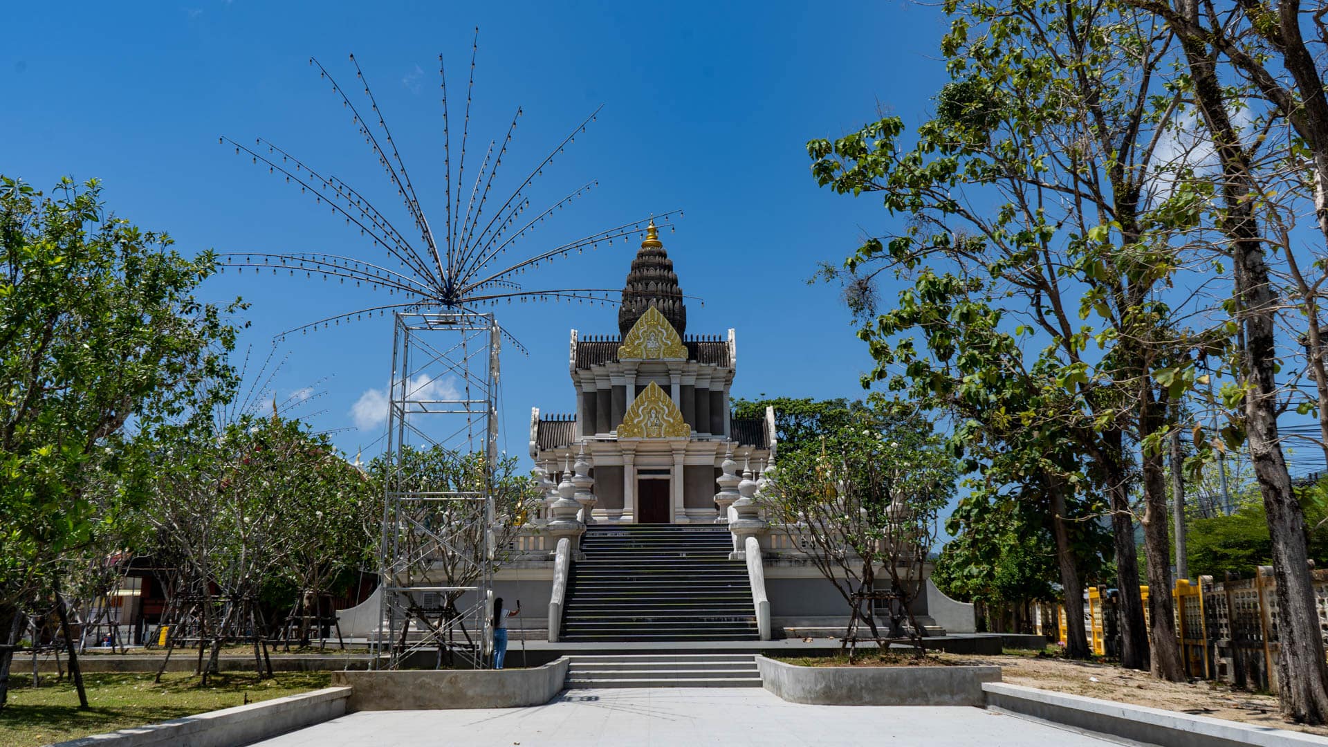 New shrine building with staircase inside Wat Chalong temple complex Phuket