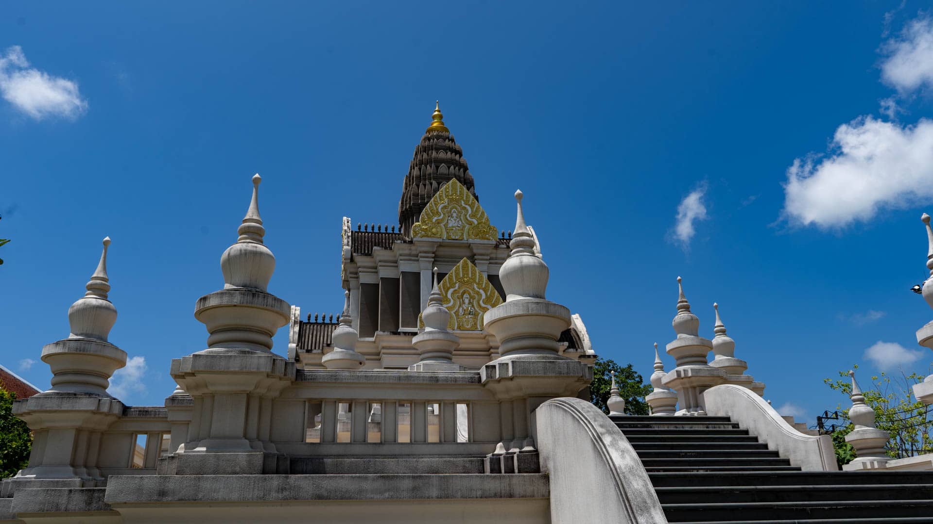 Temple staircase and balustrades leading to shrine building at Wat Chalong Phuket