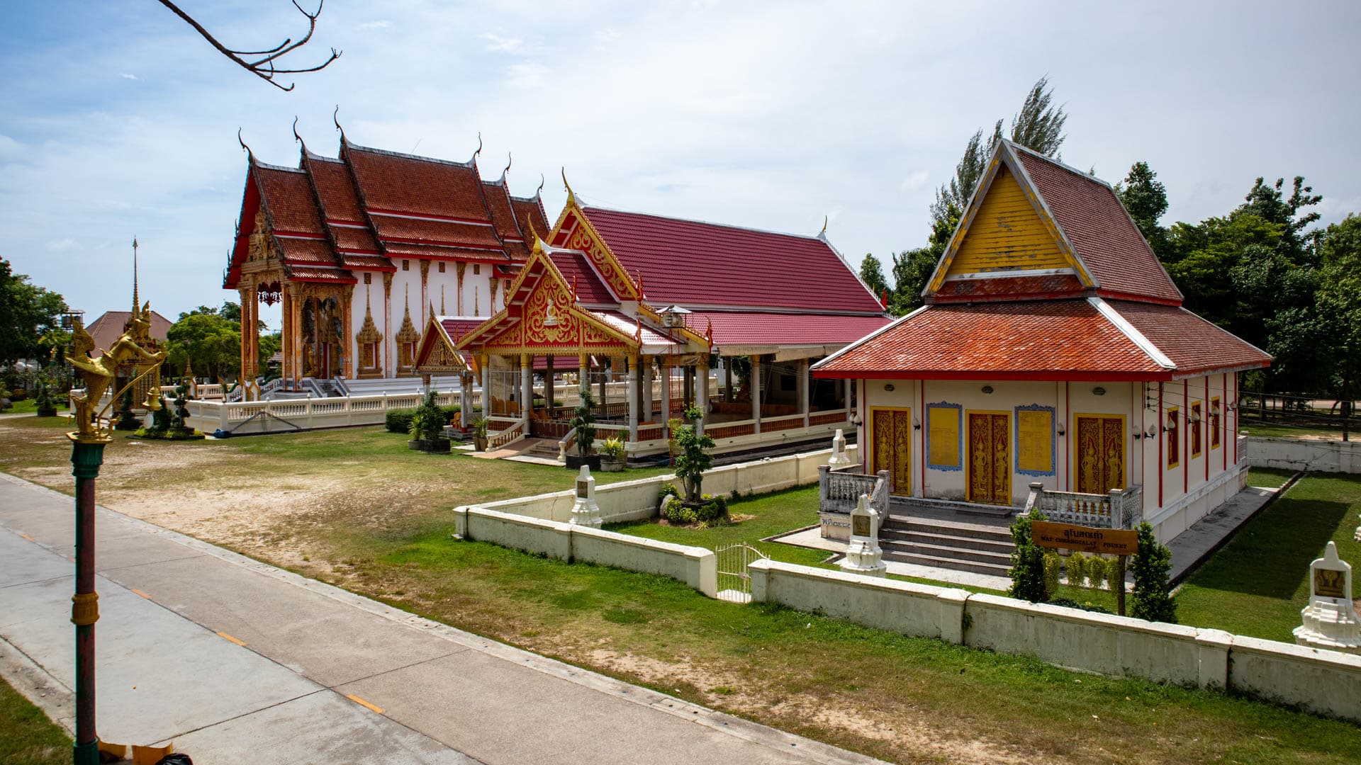 Wat Choeng Thale temple compound with ordination hall and surrounding buildings in Cherngtalay