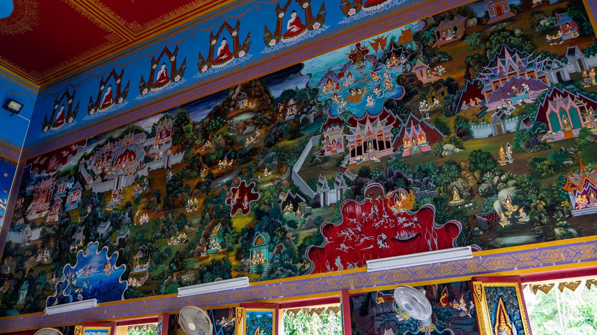 Large Buddhist narrative mural covering upper wall inside temple hall