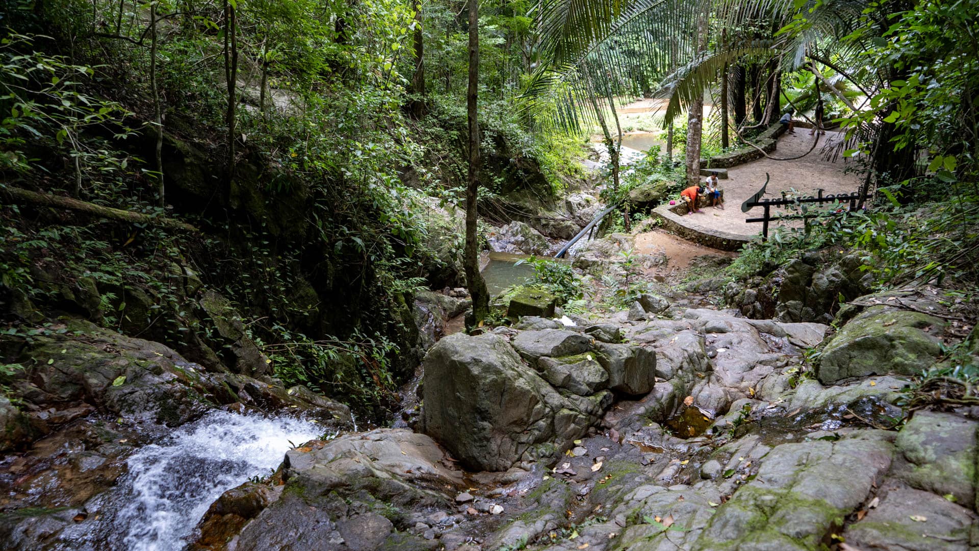 Granite rock channel with stream cascade on left, curved dirt viewing path with visitors seated at right, rainforest canopy above, Phuket